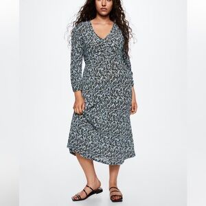 Mango blue floral print pleated midi dress